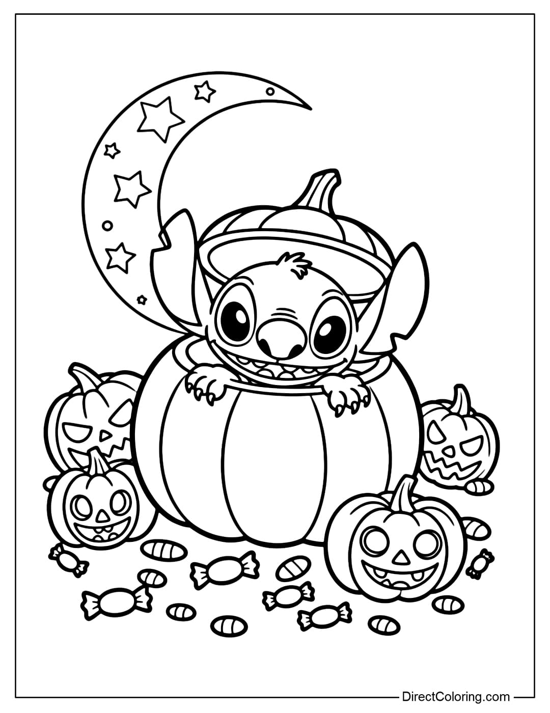Disney Stitch coloring page is hiding in a giant Halloween pumpkin.