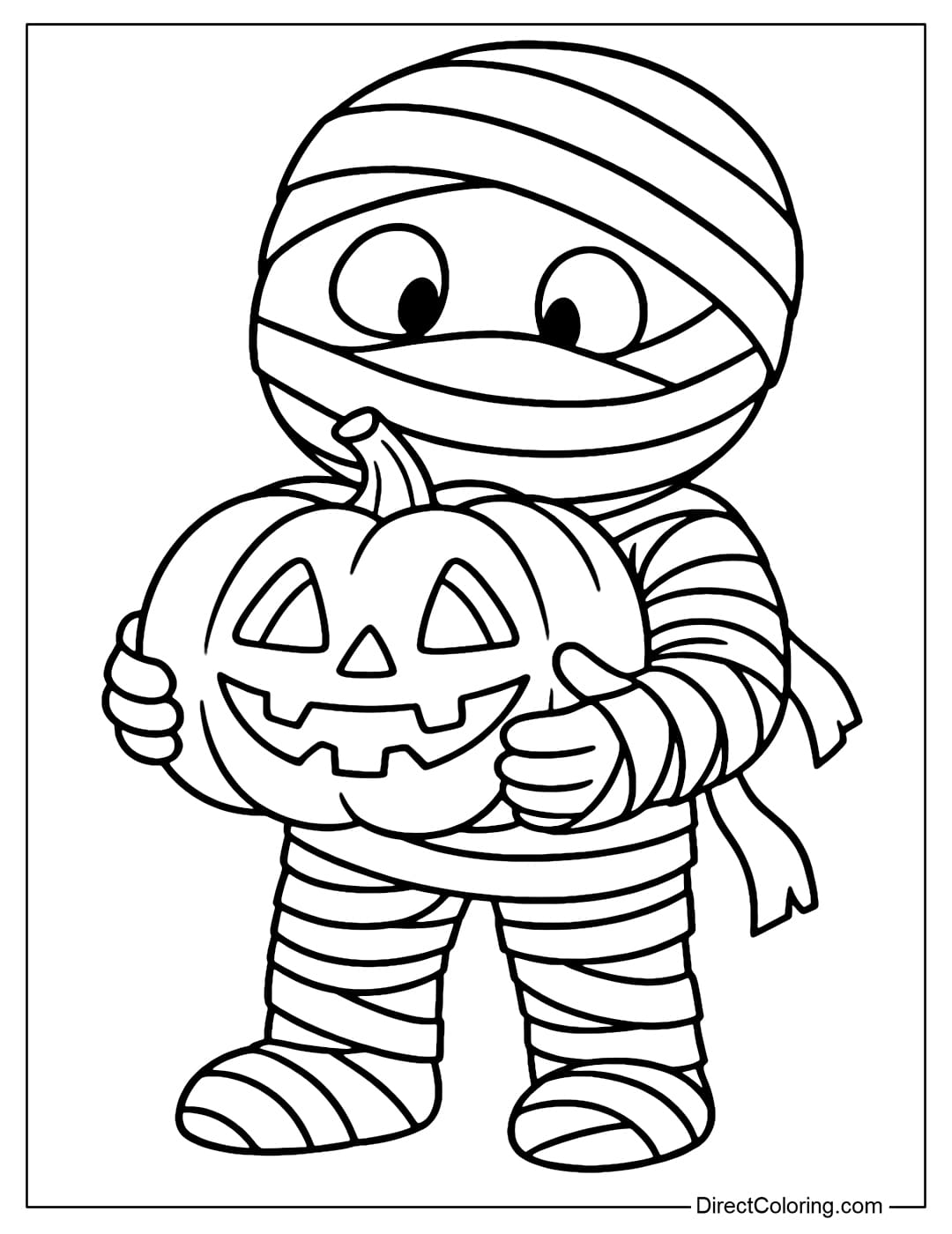 The mummy holding a Jack-o-lantern pumpkin coloring page, several layers of bandages wrapped around the pumpkin.
