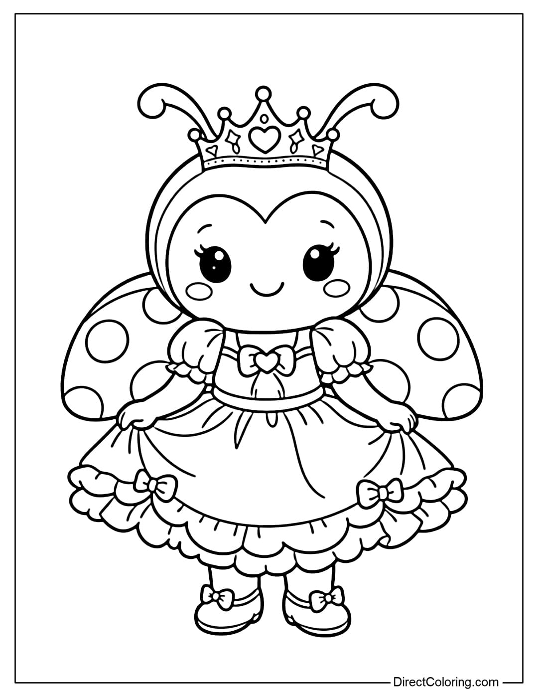 A coloring page of a ladybug wearing a small crown and a cute princess dress.