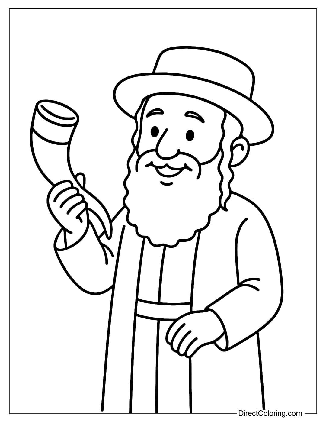 Coloring page of a cheerful Rabbi with a long beard, holding a shofar, and a gentle smile.