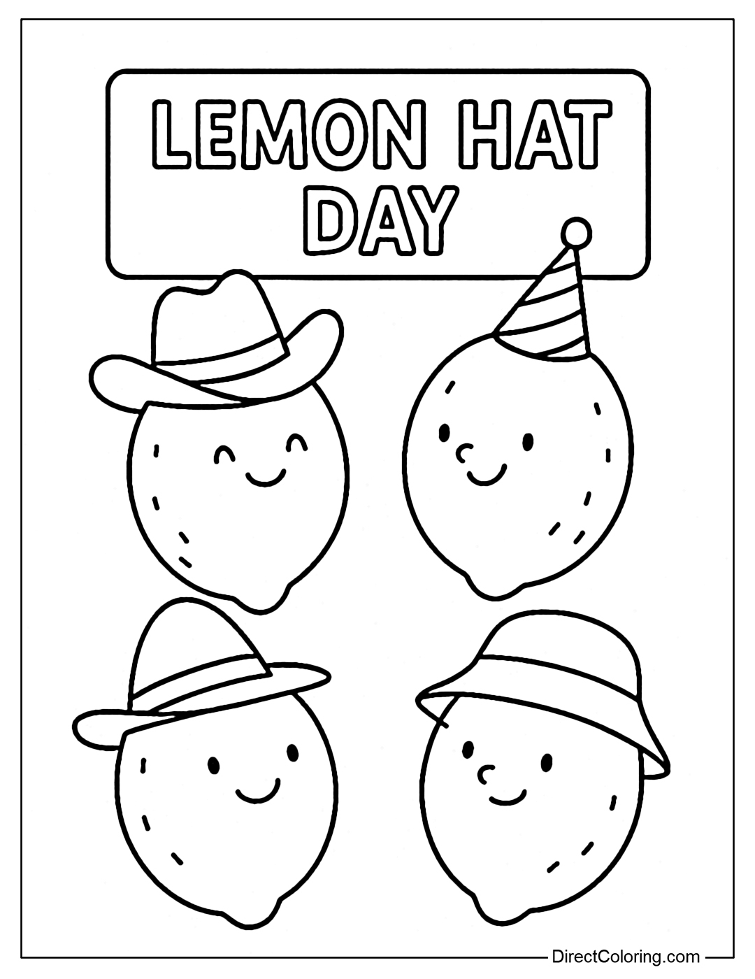 Coloring page of lemons wearing hats in many styles: cowboy, party, summer, with a sign 