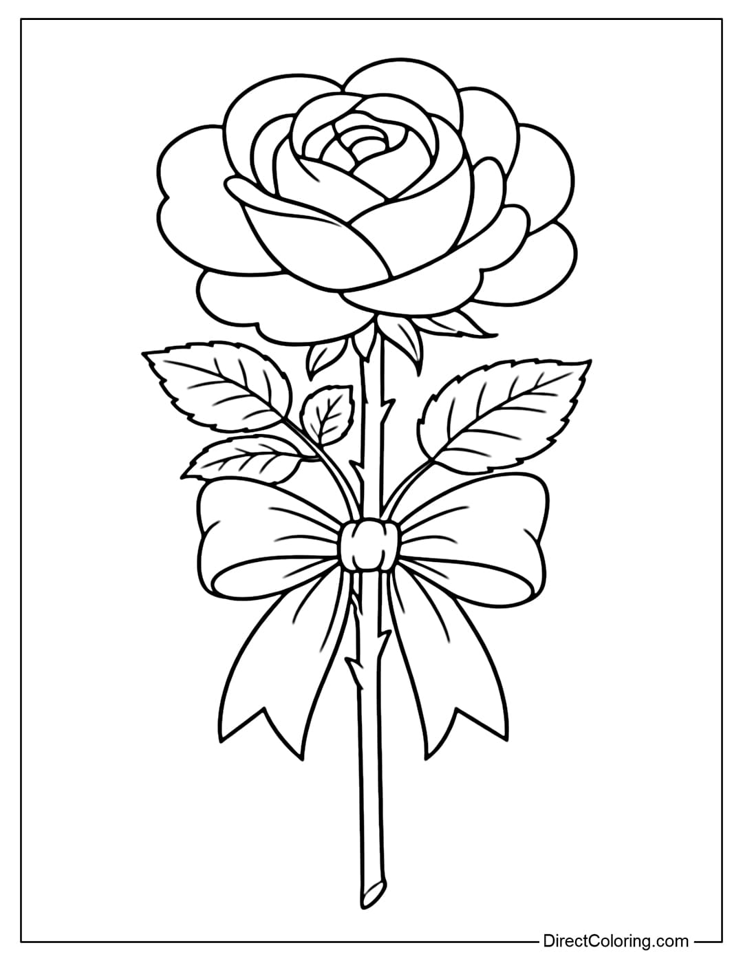 A coloring page of a large, blooming rose with a straight stem and a large, soft ribbon tied at the bottom.