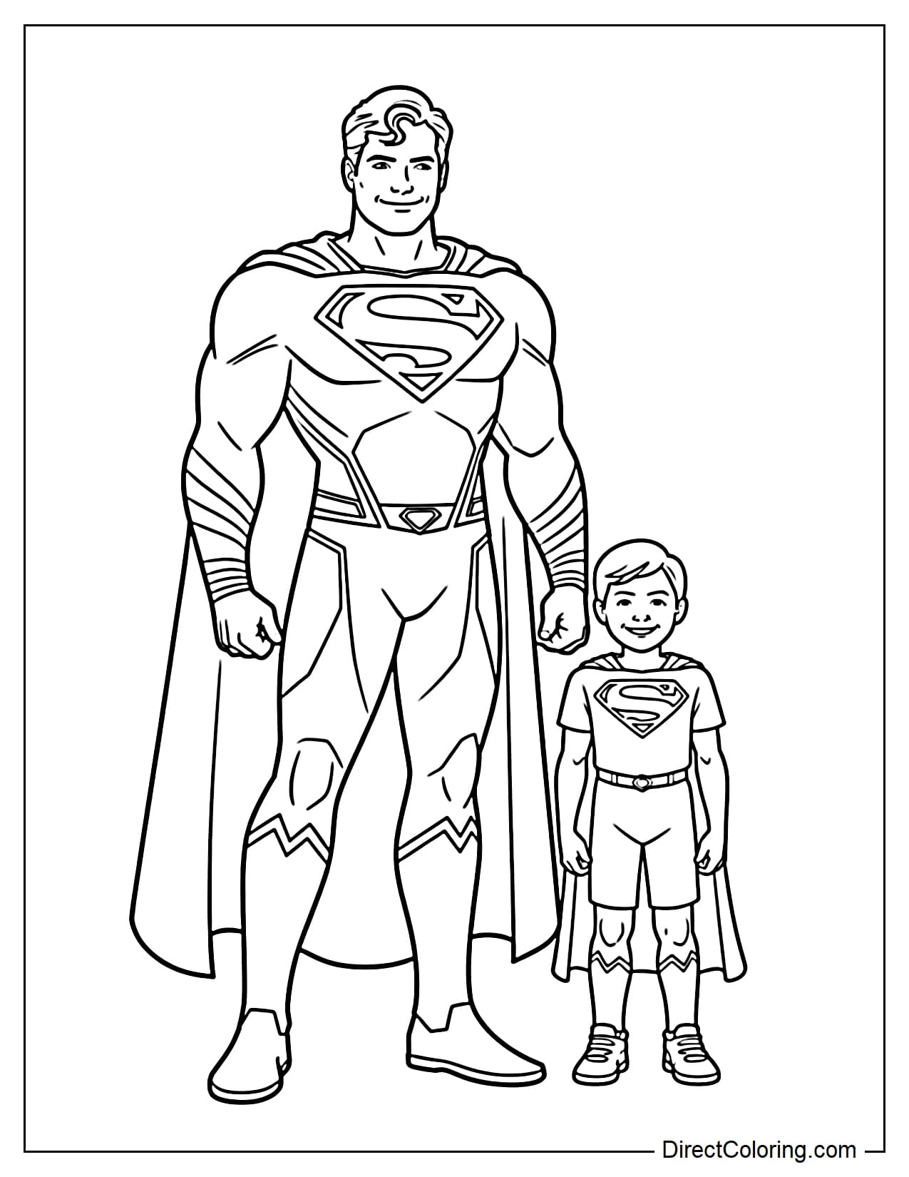 Superman stands next to a boy with a friendly smile.