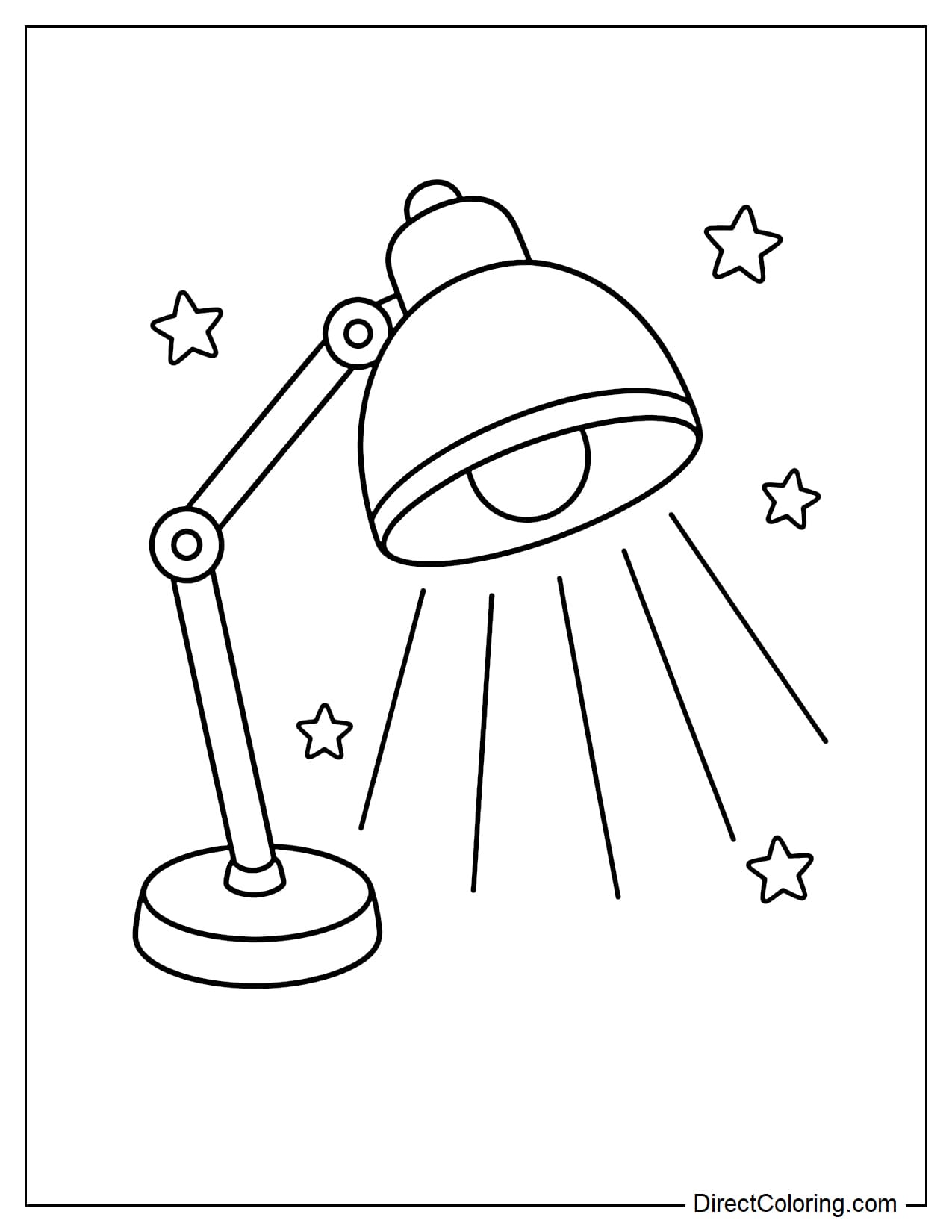 A cute desk lamp in the middle of the page, with a simple lamp body, a round lampshade, soft light rays, and a few small stars decorating the edges.
