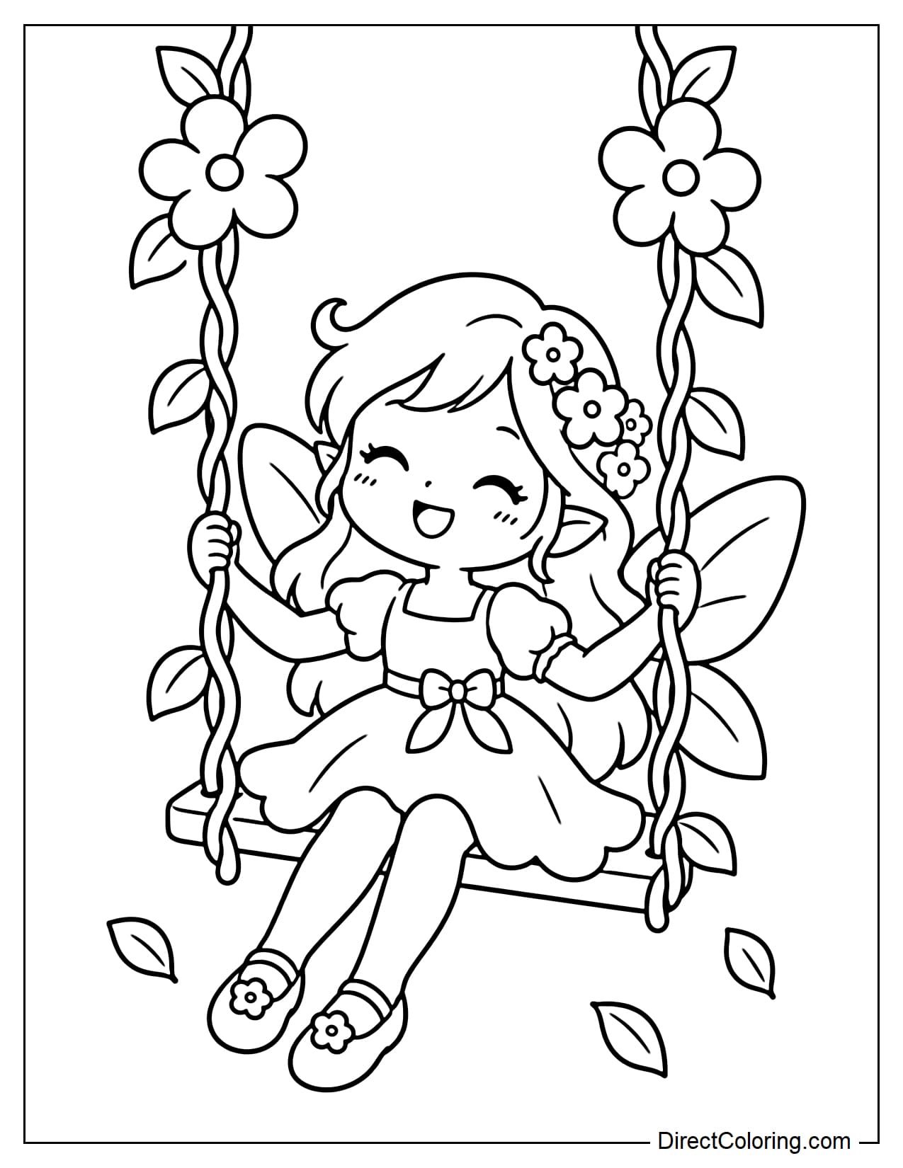 A fairy is sitting on a swing made from a flowering vine, gently stretching her legs forward with a bright smile. Large flowers are attached to the vine above.
