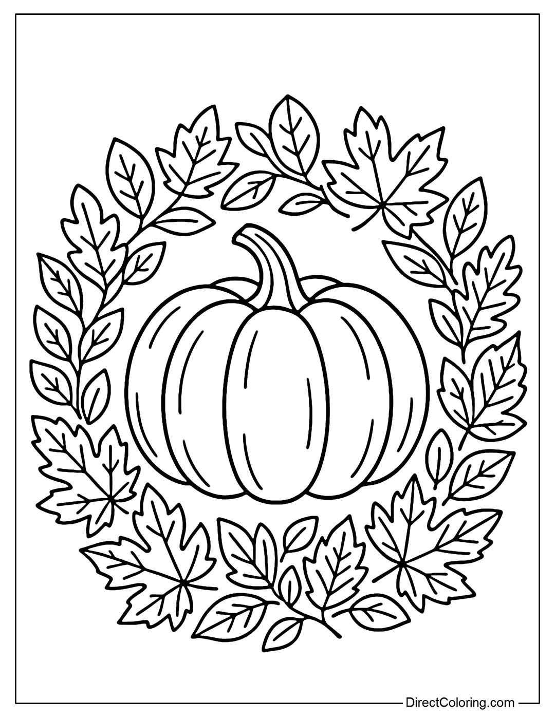 A pumpkin coloring page in the middle of a circle of autumn leaves.