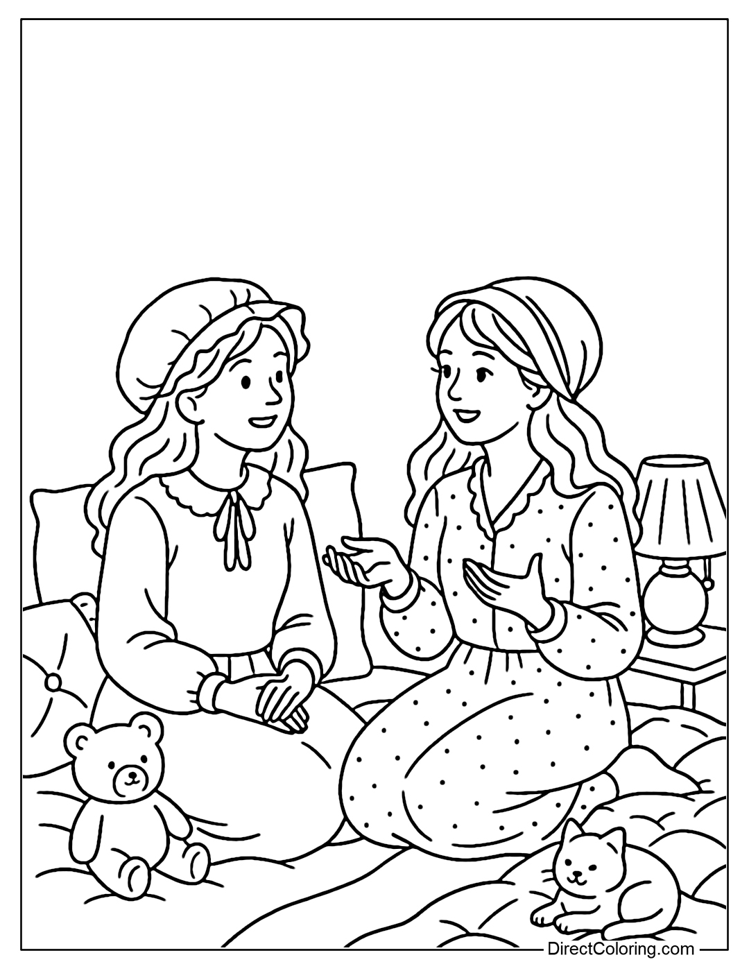 Coloring page of two girls sitting on the bed, talking late at night, surrounded by pillows, teddy bears and soft night lights.