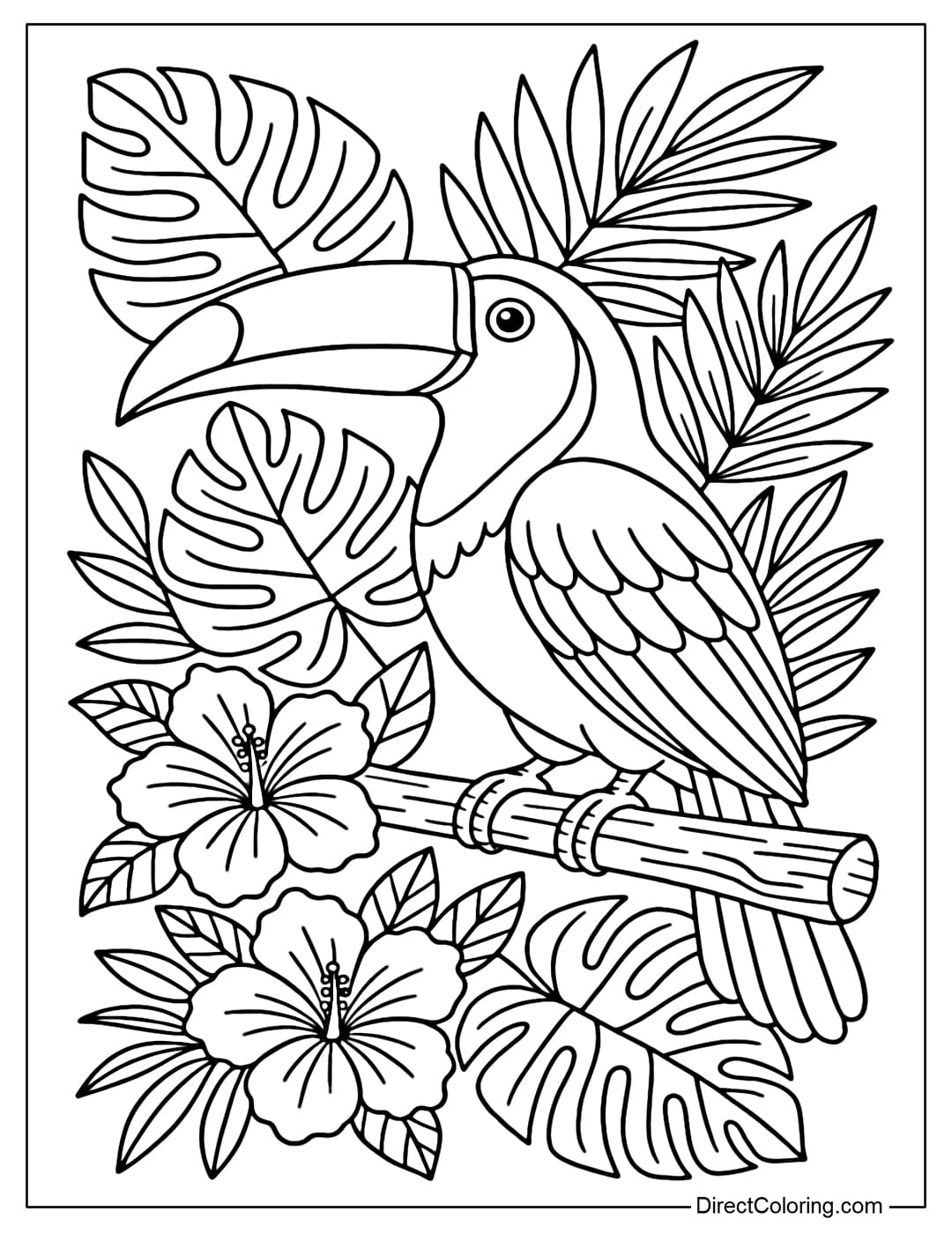 Coloring Page of a large toucan perched on a tree branch, surrounded by tropical leaves and colorful flowers.