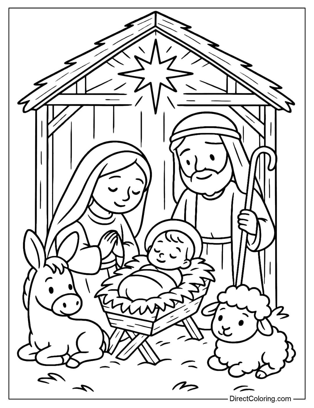 Christmas scene coloring page: manger with baby, Mary and Joseph, star of Bethlehem above, cute lamb and donkey.