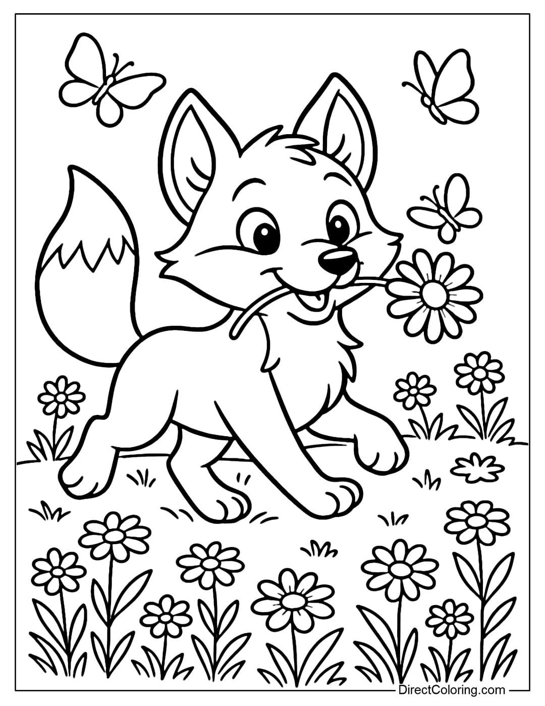 A happy fox running on the grass, holding a flower in its mouth, surrounded by butterflies and many blooming flowers.