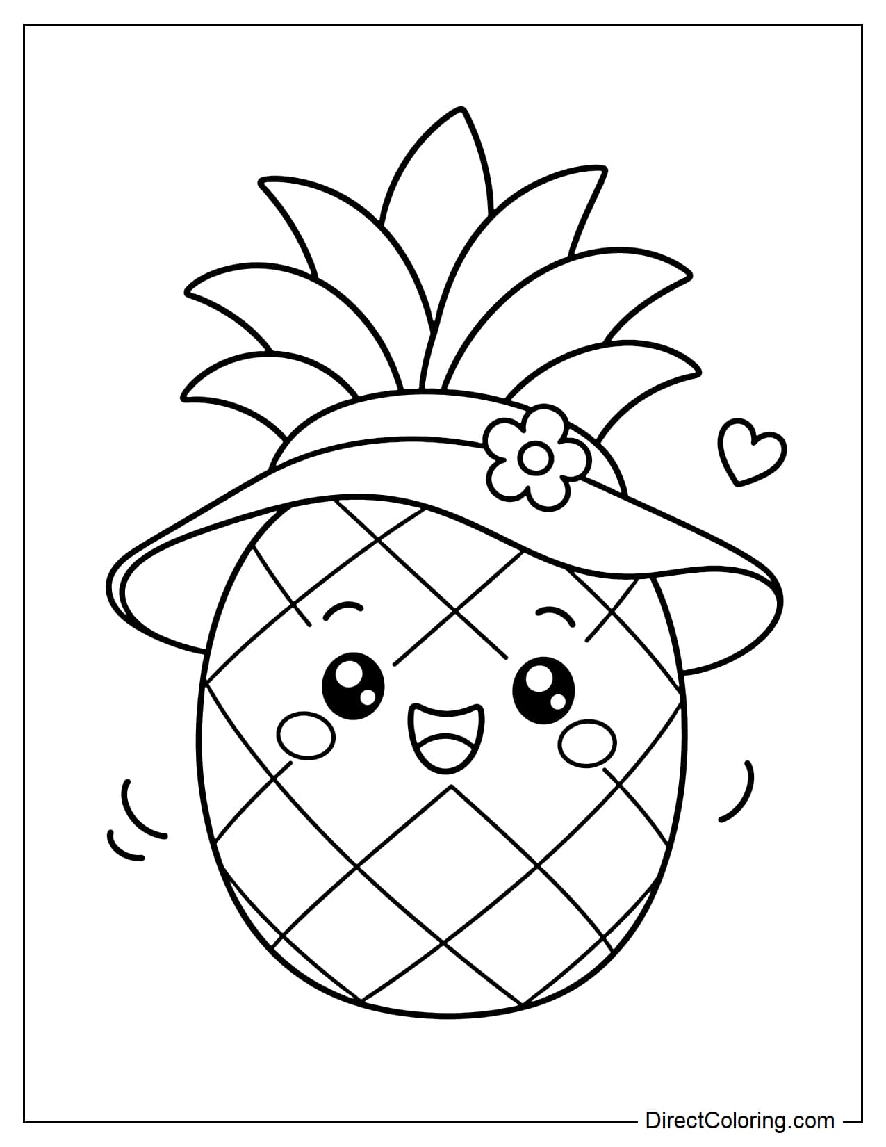 A cute pineapple is smiling, wearing a wide-brimmed sun hat, with a cheerful and friendly expression.