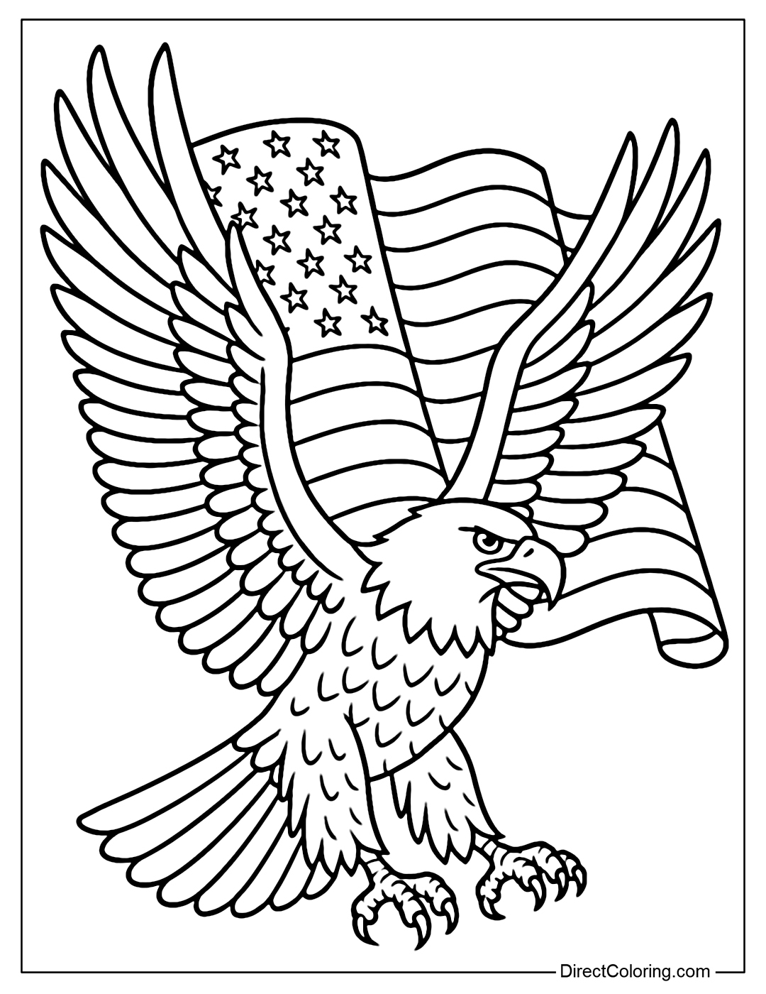 An American eagle coloring page with its powerful wings spread out, behind it is the fluttering American flag, a symbol of strength, courage and national pride.