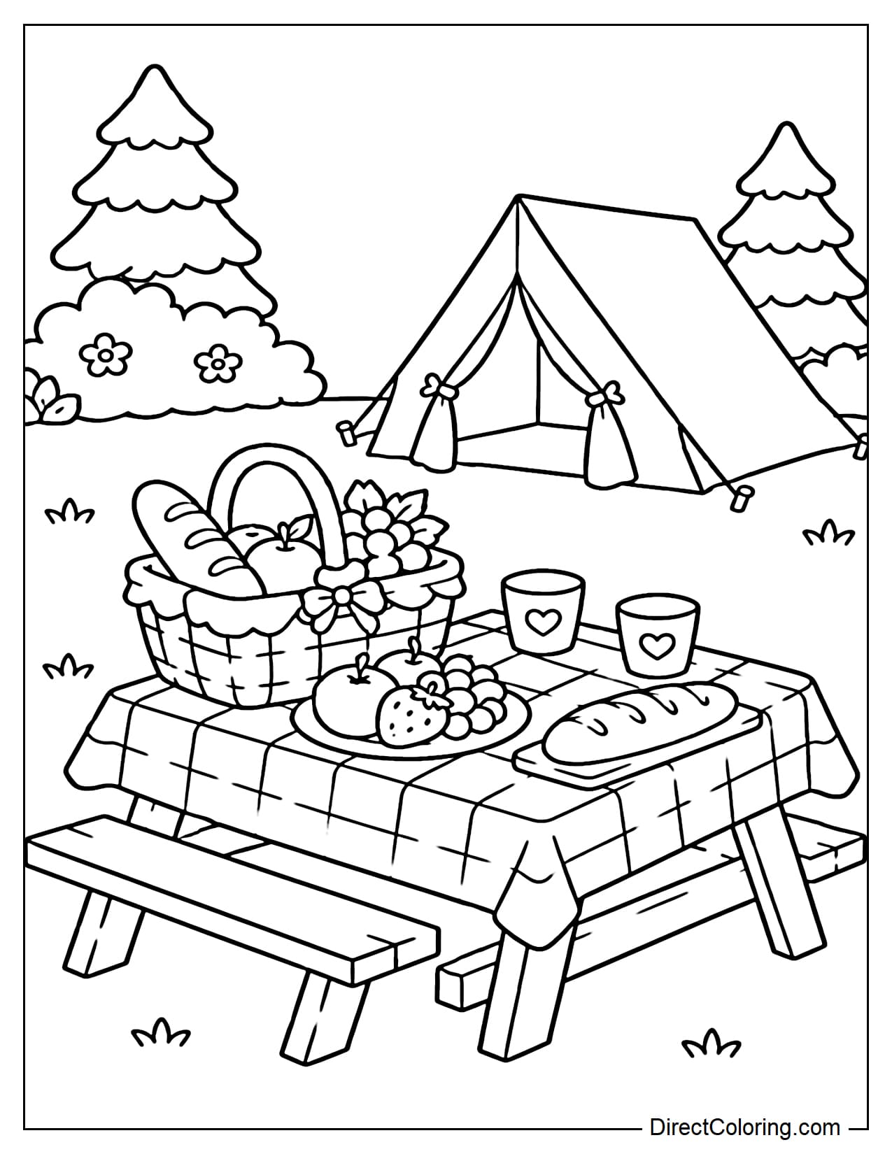 A simple picnic table with a tablecloth, food basket, bread, fruit, and a water glass, placed near the camping tent.