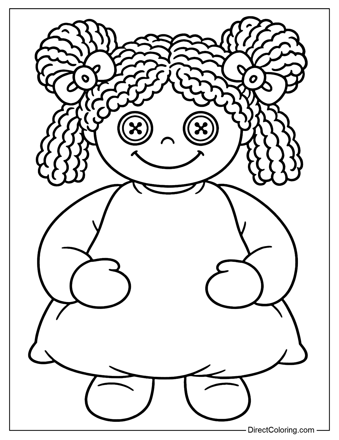 Sue doll coloring page has round button eyes sewn with a silly smile. Her hair is wool rolled into two giant braids, tied with a donut-shaped bow. Her body is a soft pillow.