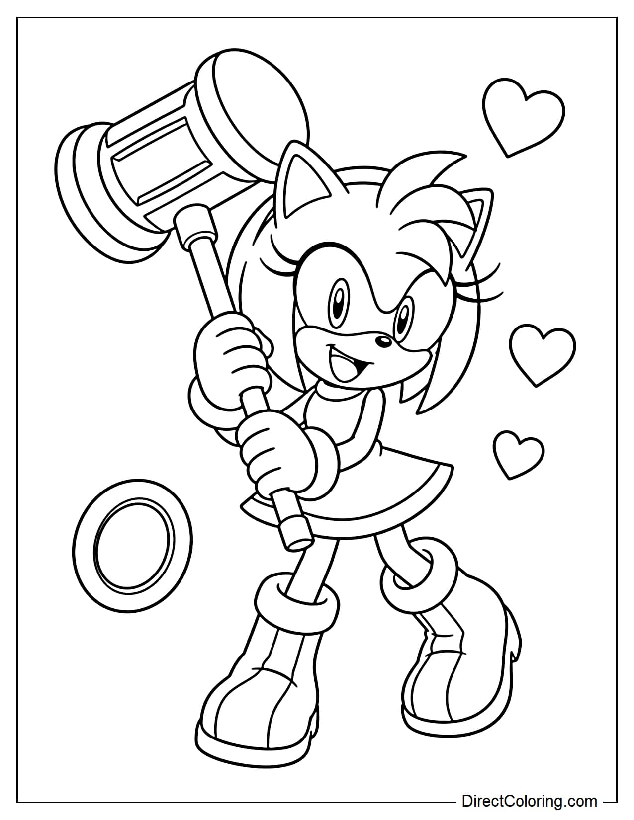 Amy Rose is holding a large hammer in a cheerful pose, with several small hearts and a gold ring beside her.