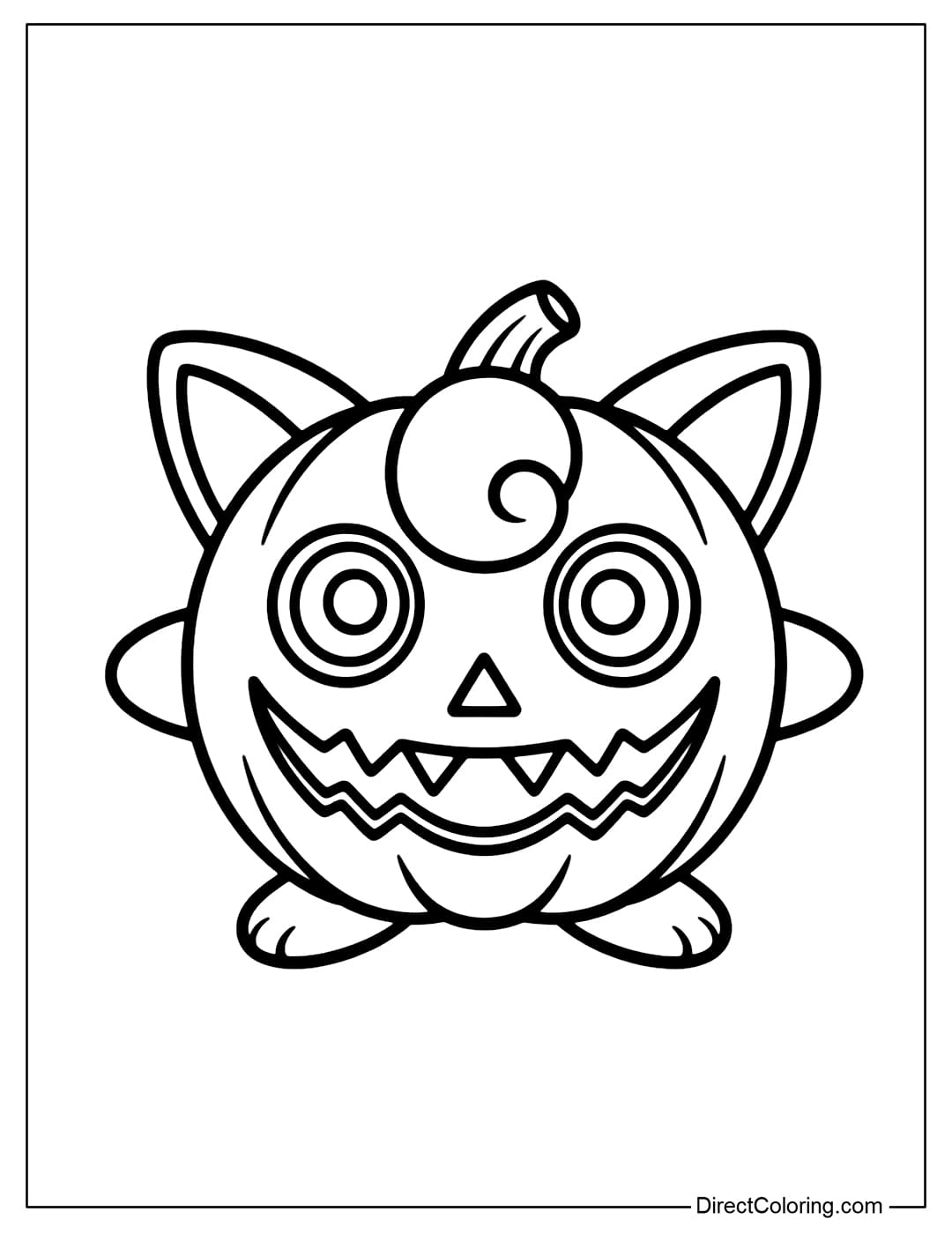 Coloring page of Jigglypuff transforming into a Halloween pumpkin, with a round body, a pumpkin face smiling ghostly but cutely.