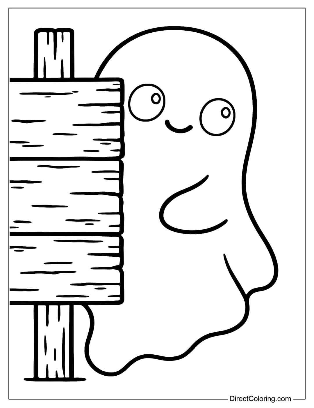 A ghost coloring page is peeking out from behind an old wooden board.