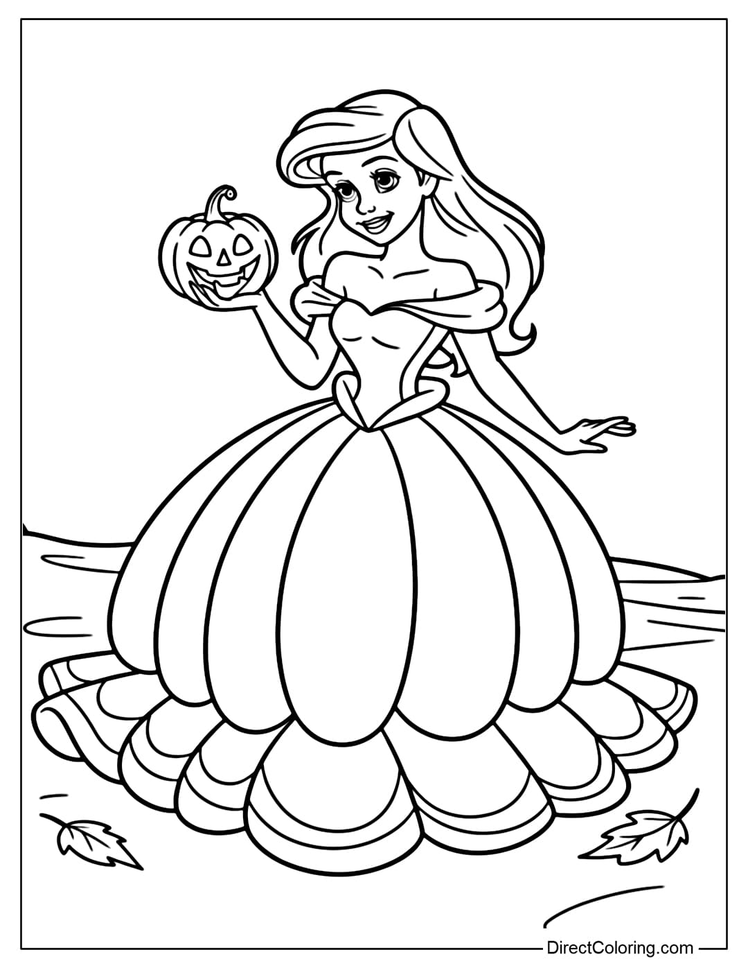 Coloring page Ariel wearing a Halloween dress inspired by a pumpkin, the skirt is round and puffy, with a characteristic groove carved into it.