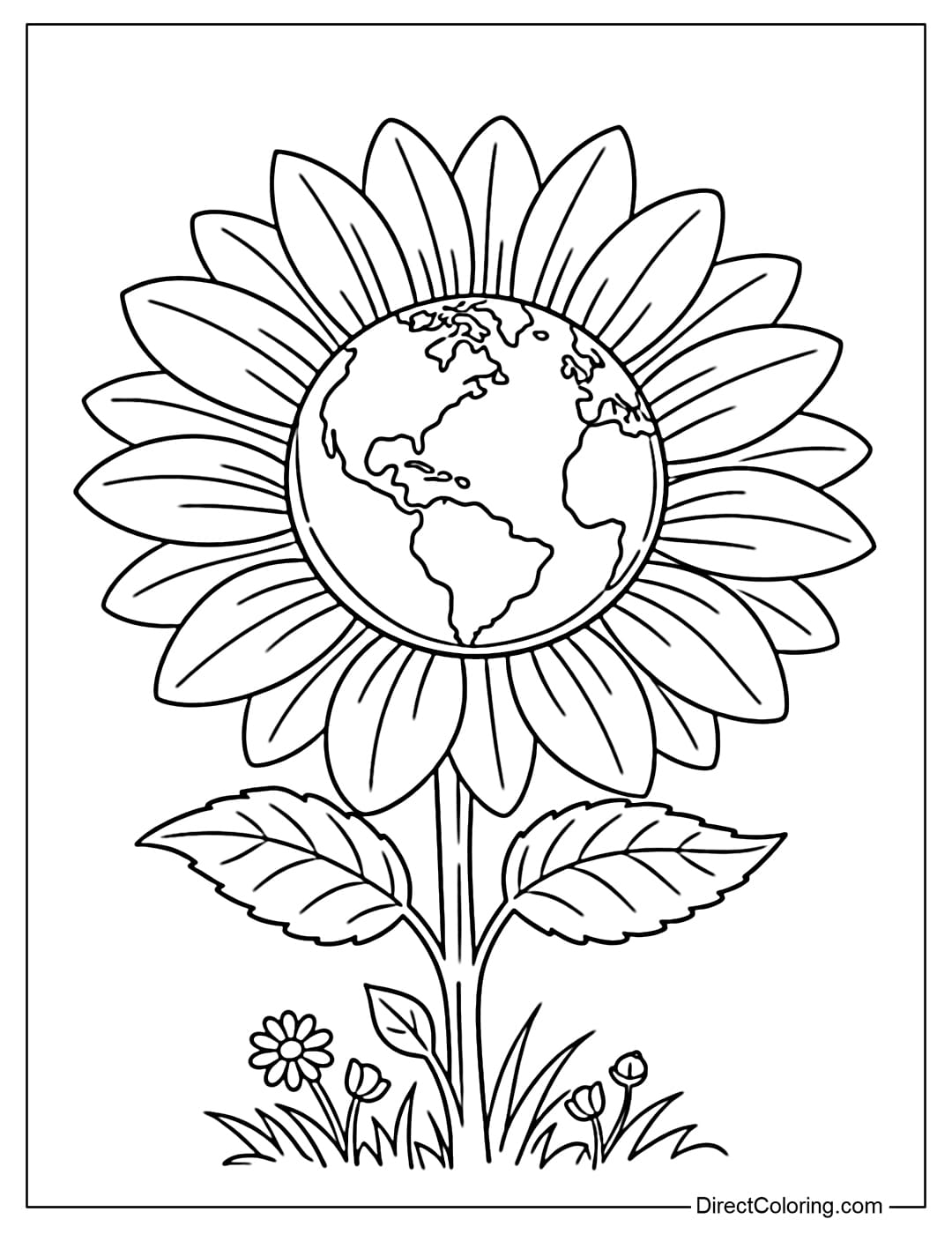A coloring page of a large sunflower with its center drawn in the unique shape of the Earth.