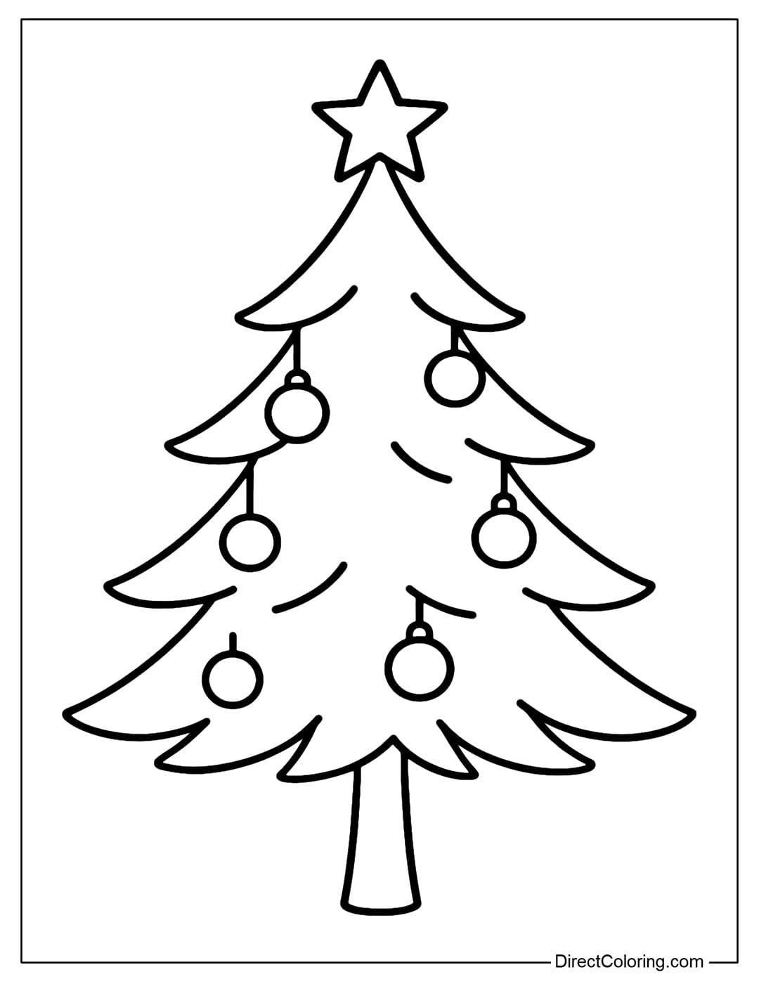 A coloring page of a single Christmas tree, with branches arranged symmetrically, and a few baubles and stars hanging from the top.