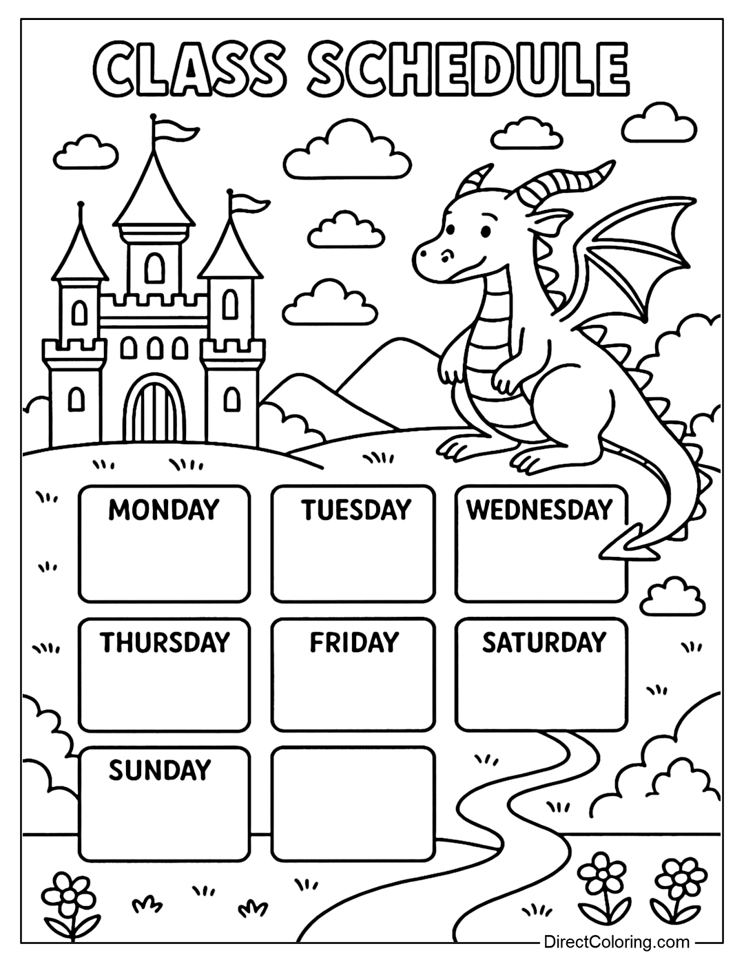 A fairy tale schedule coloring page with castles, dragons and amazing school stories.