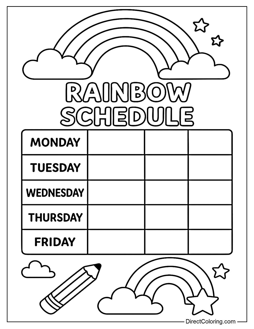 A colorful rainbow schedule coloring page for your first week of school.
