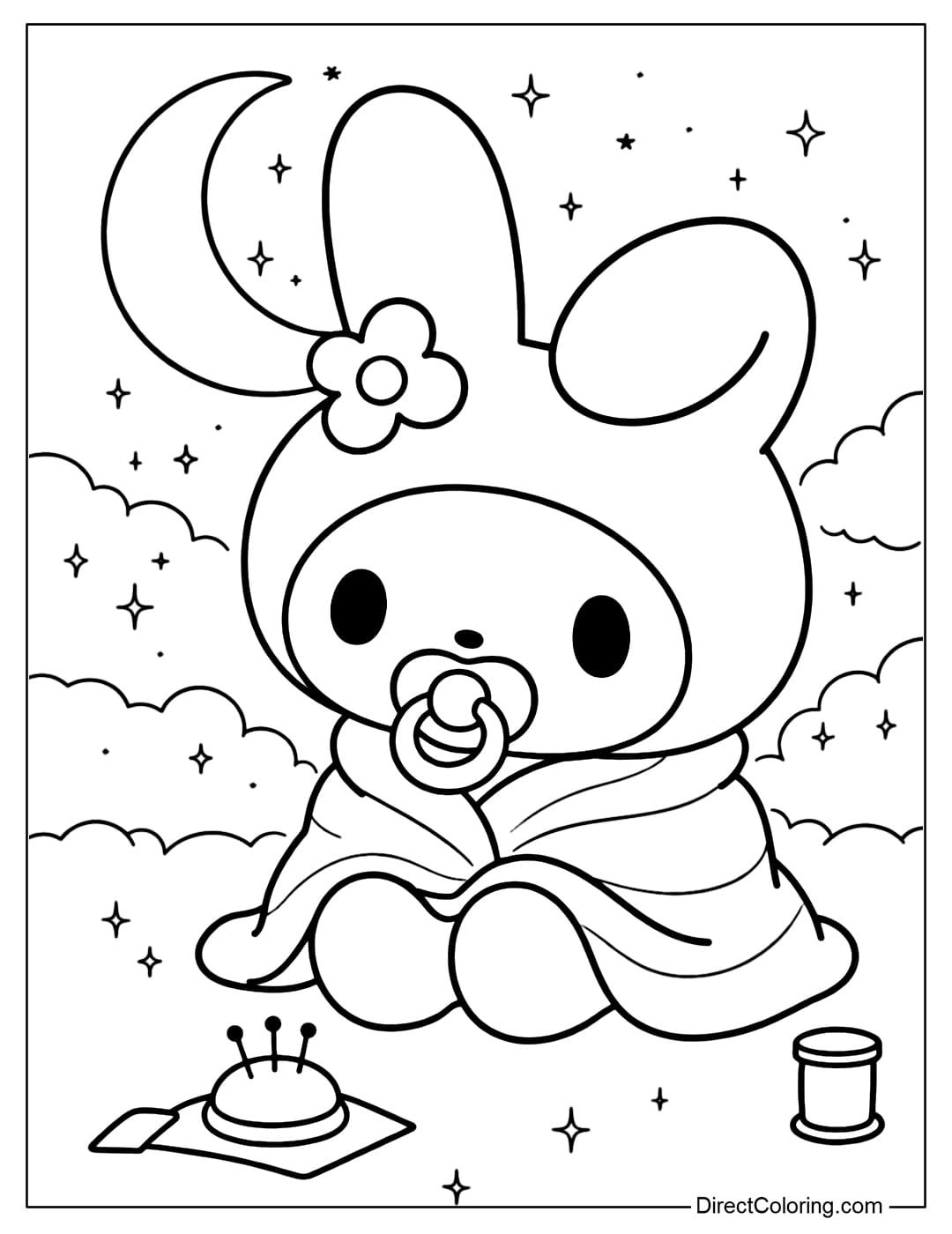 A coloring page of My Melody in the form of a baby sucking on a pacifier and wrapped in a warm blanket, sitting amidst a starry night sky and clouds.