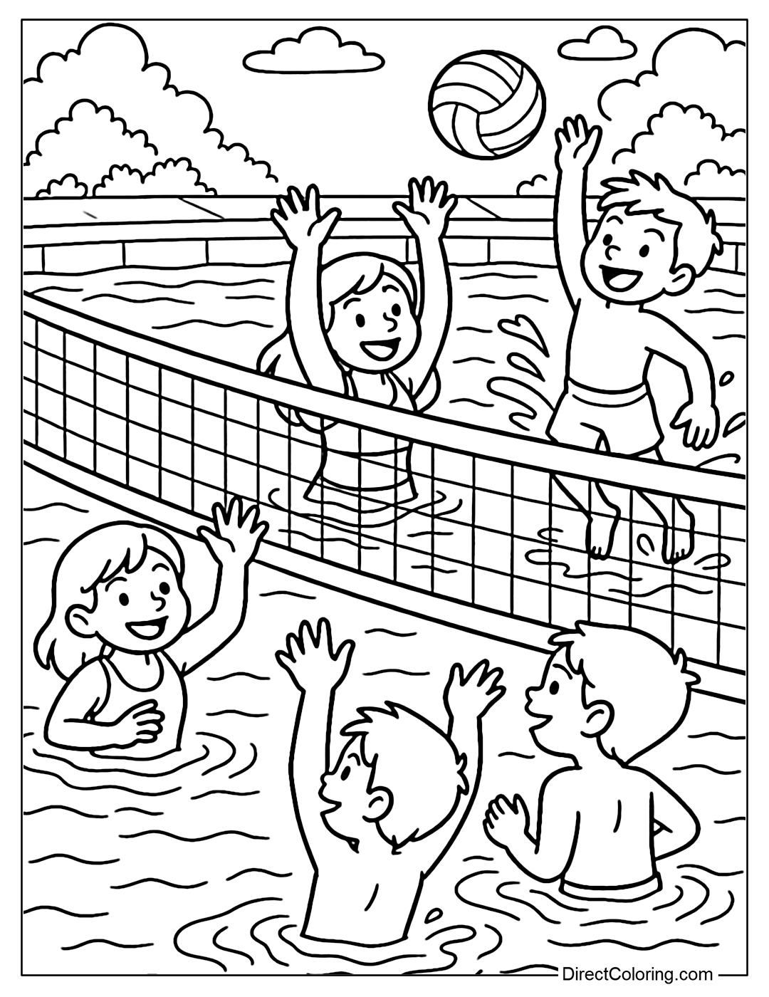 Coloring page of a group of friends playing volleyball on the water in a large swimming pool.
