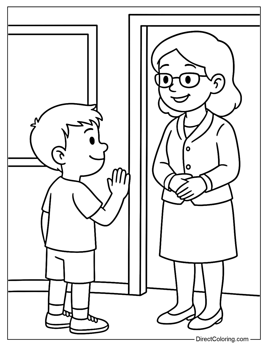 Coloring page of a child standing to greet the teacher before entering the classroom.