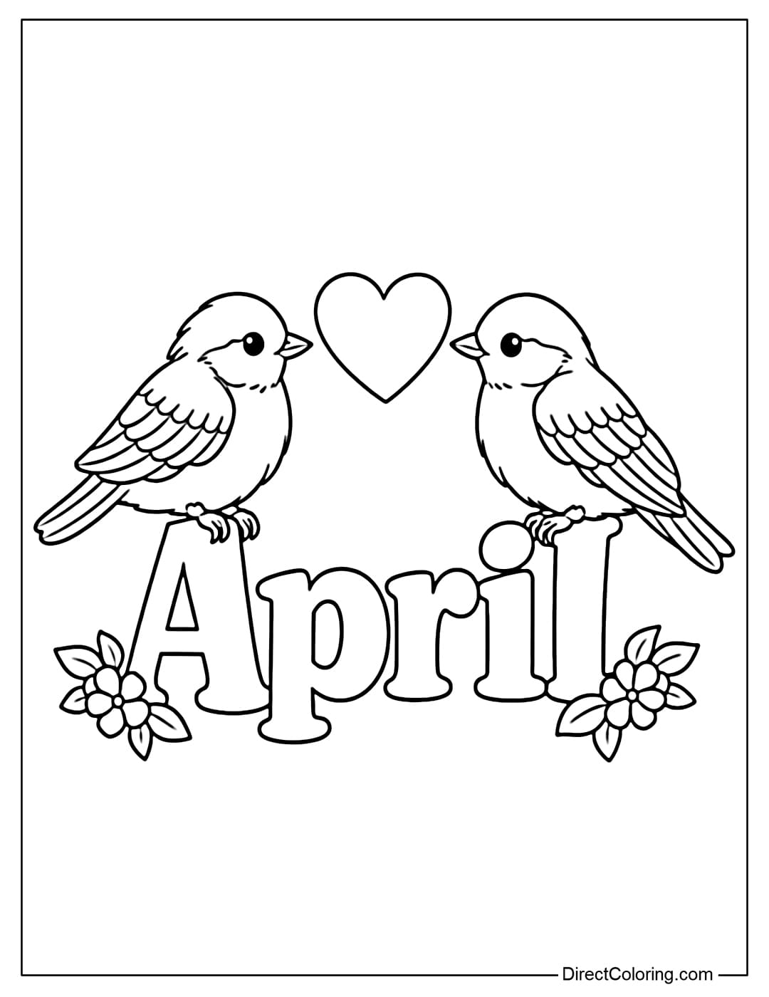 A coloring page featuring two birds facing each other on the word 
