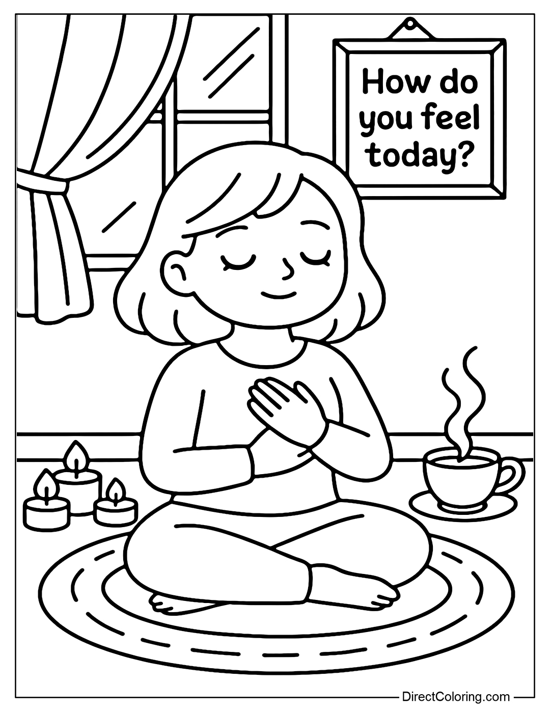 A girl sitting quietly by the window, hands on her chest, eyes closed, listening to her own breathing and heartbeat.