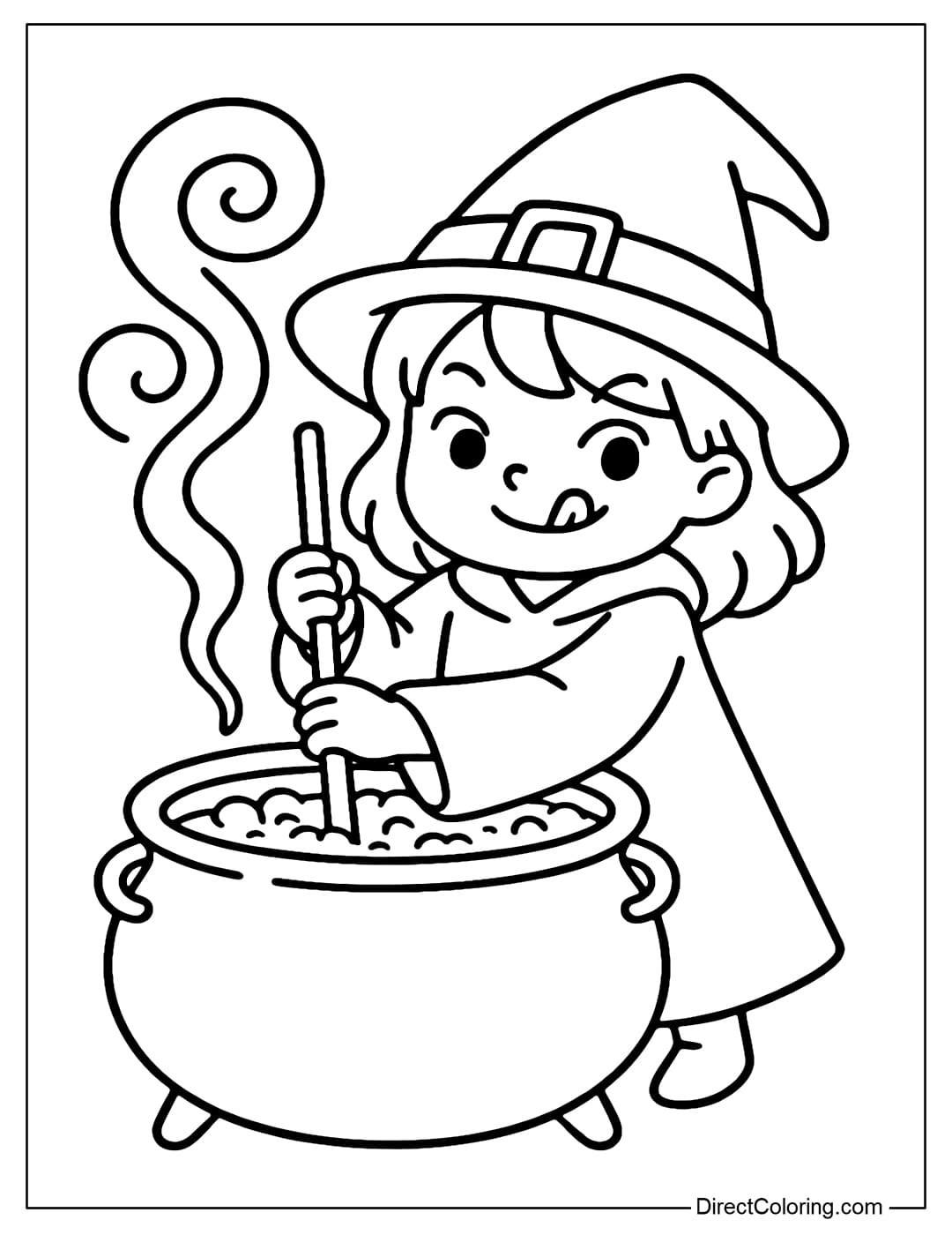 A coloring page of a witch stirring a boiling potion, smoke rising in a spiral.
