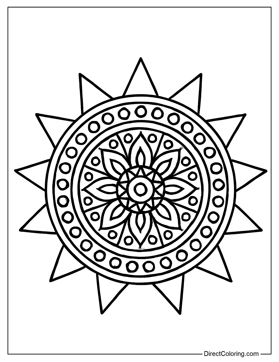 Sun coloring page with meditation motif, many relaxing circles and patterns