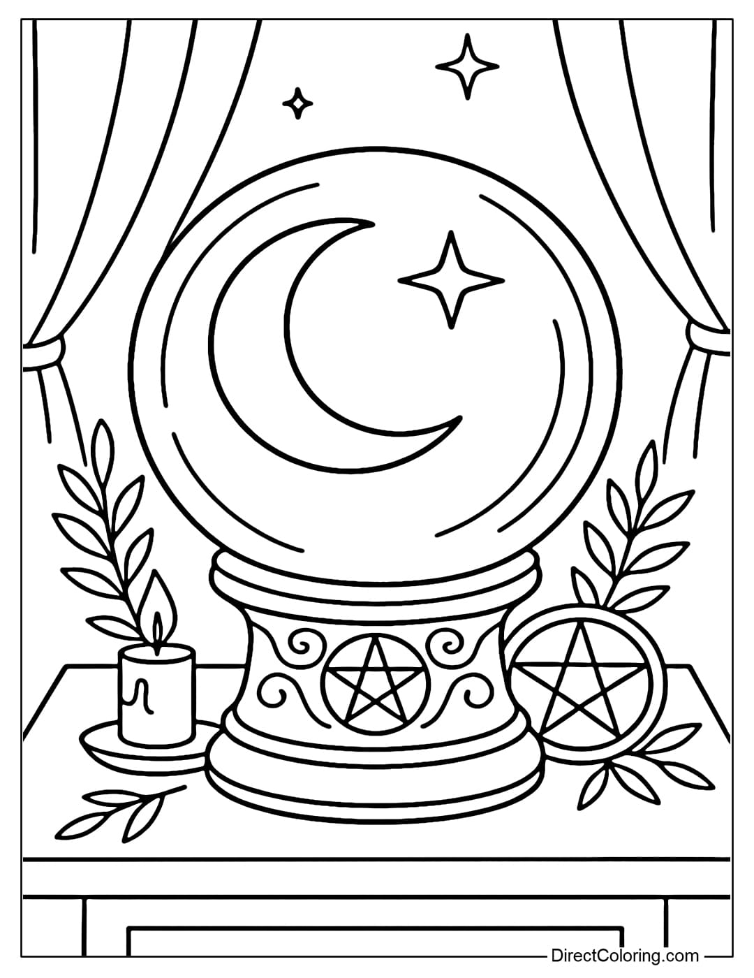 Coloring page of a crystal ball placed on the altar, reflecting the moonlight and stars.