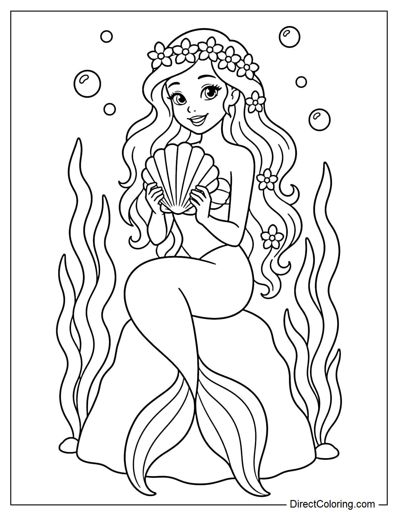 A mermaid is sitting on a small rock, wearing a flower crown on her head and holding a large seashell to her chest.