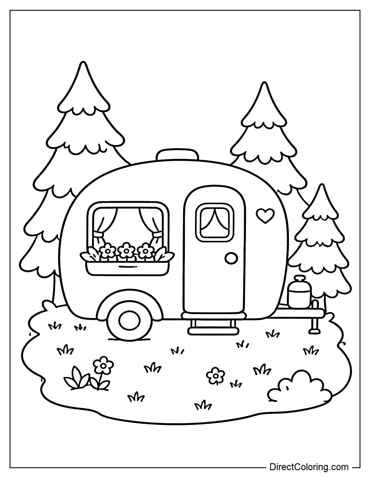 A cute little camper van parked on the grass, surrounded by pine trees.