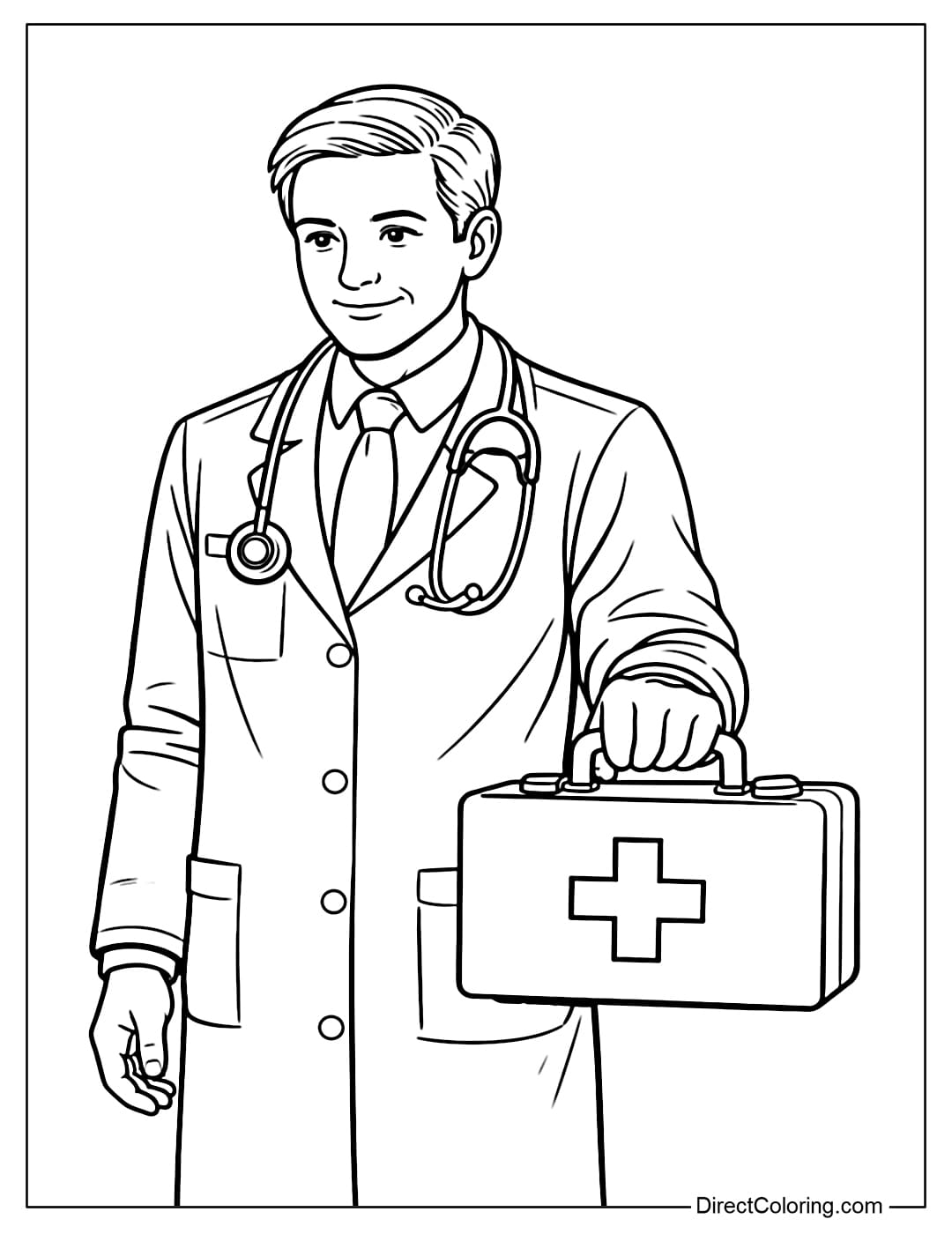 A doctor holding a first aid kit with a plus sign, standing firmly, and smiling gently.