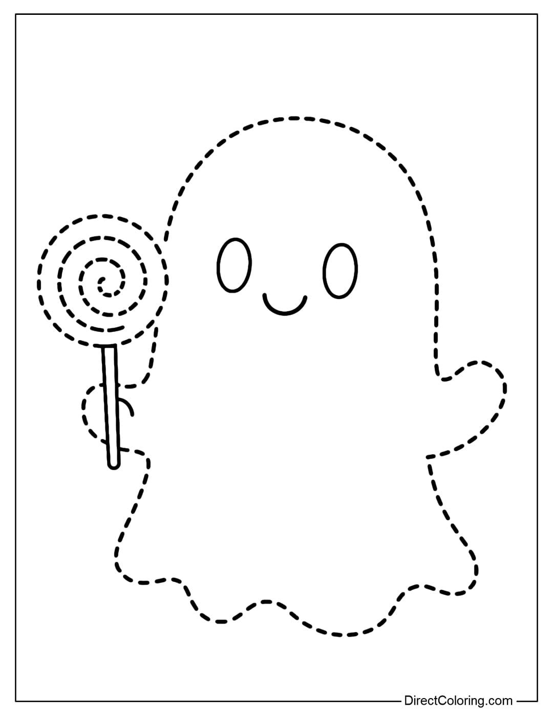 A little ghost tracing coloring page holding candy.