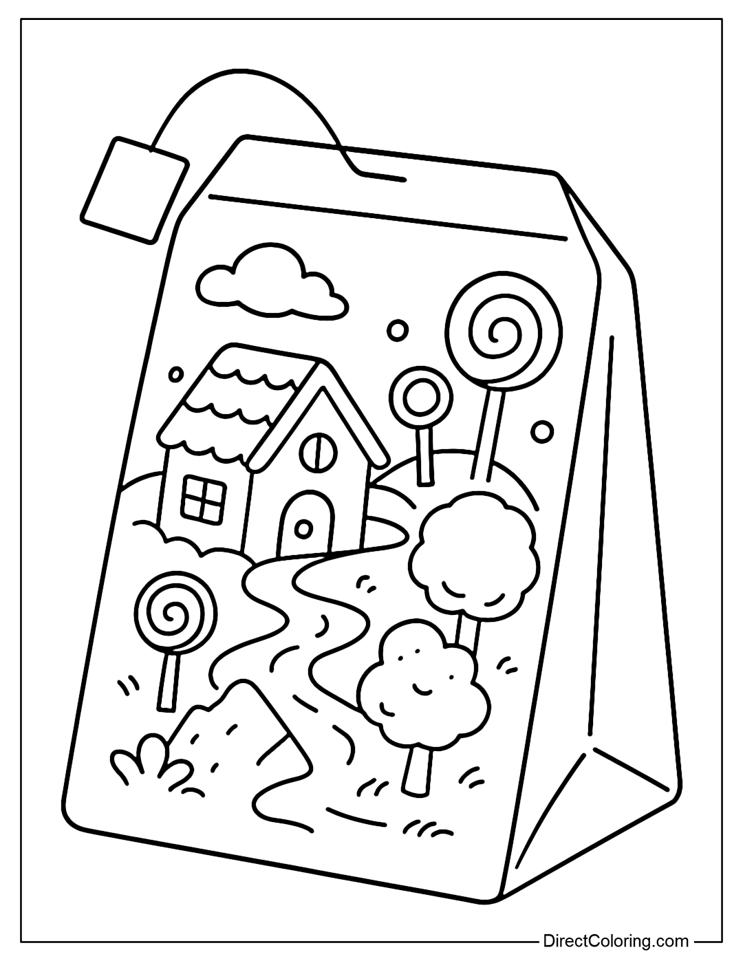 A tea bag coloring page featuring a candy village: cookie houses, lollipops, cotton candy lines.