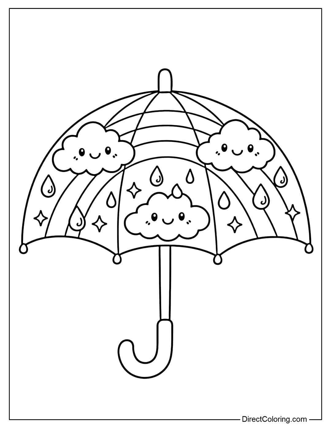 A coloring page of a spring umbrella featuring rainbows, tiny raindrops, and cute smiling clouds on its surface.