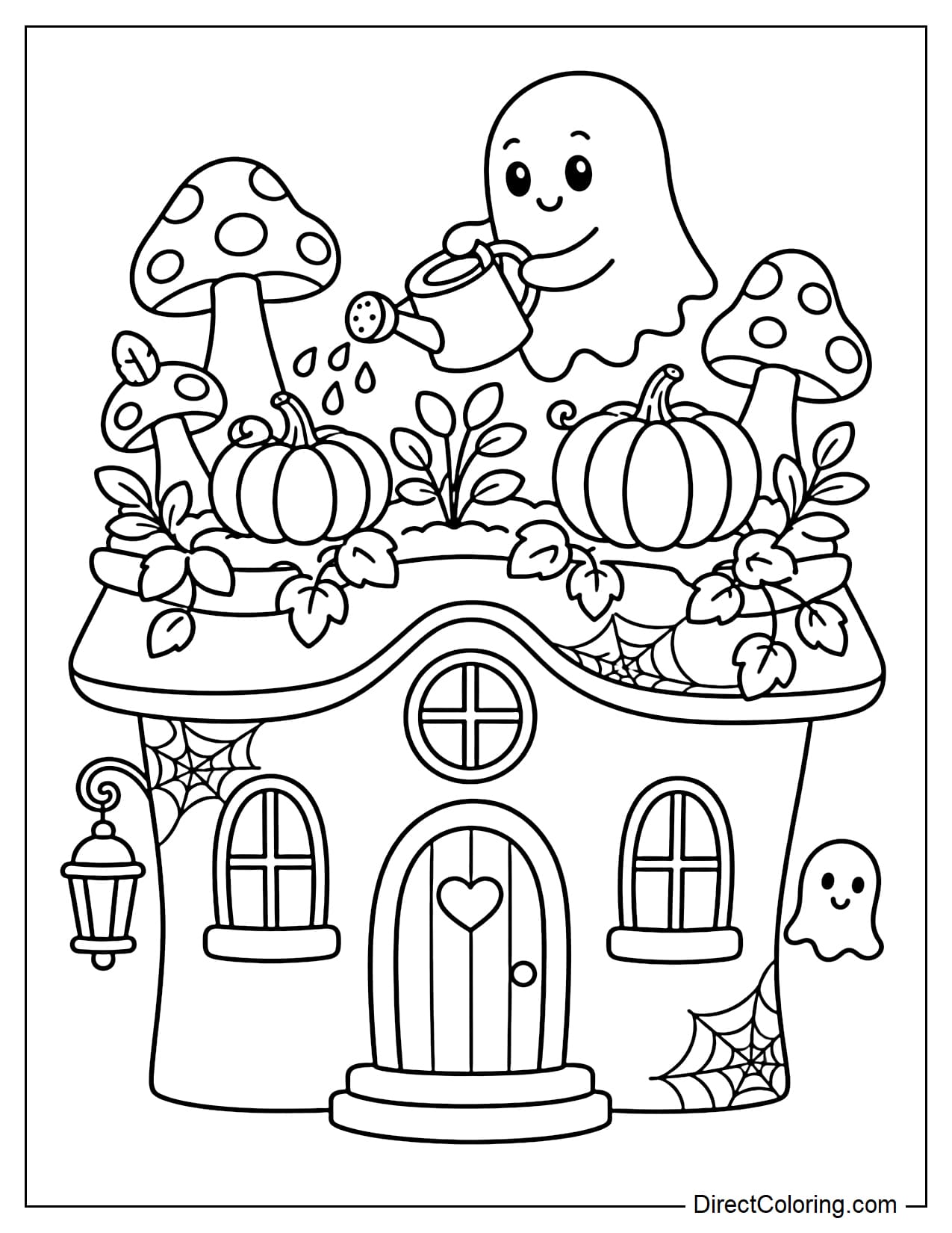 A small haunted house featuring a Halloween rooftop garden, complete with large mushrooms, round pumpkins, and a ghost watering the plants, while the house itself has arched windows and spiderwebs.