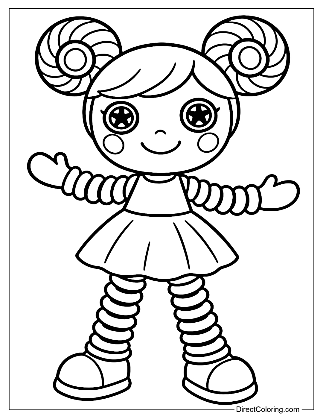 Sky doll coloring page has large elastic spiral arms and legs, 2 round wheel-shaped hair buns, extremely easy to color and makes a strong impression.