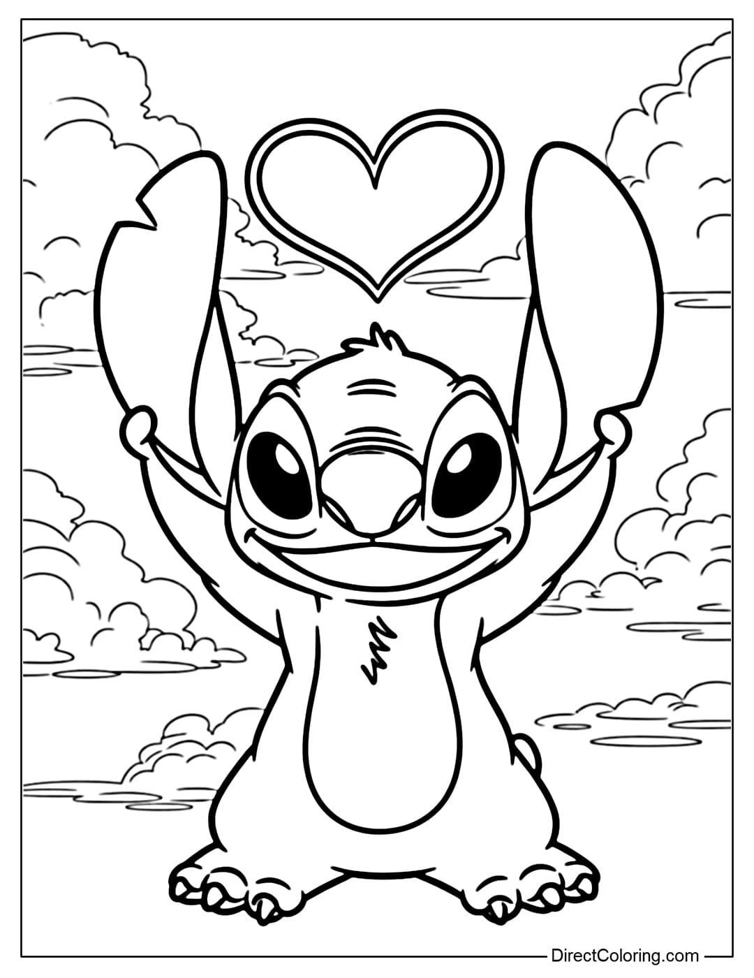 This coloring page shows Stitch forming a heart shape above his head, his large ears cleverly curved.