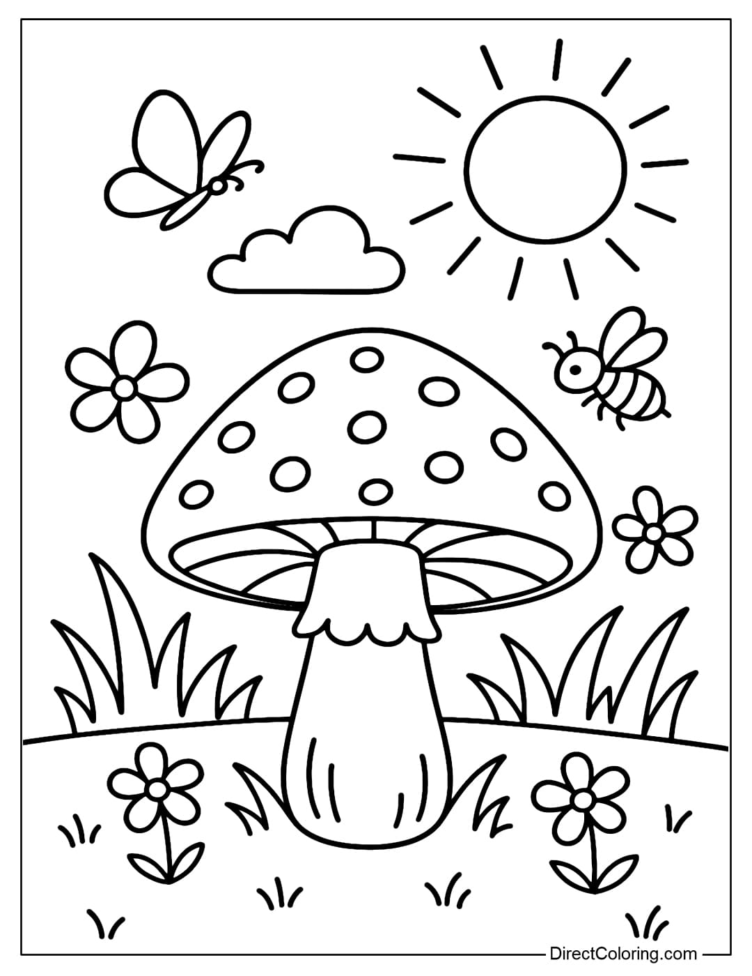 Sunny Day Mushroom Coloring Page A mushroom coloring page standing on a green grass field on a sunny day, surrounded by small flowers, butterflies, and a tiny bee.