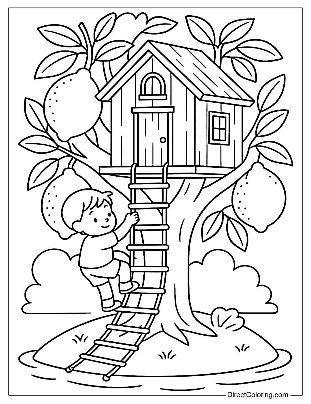 A small house coloring page on a lemon tree, with a rope ladder and a child climbing up.
