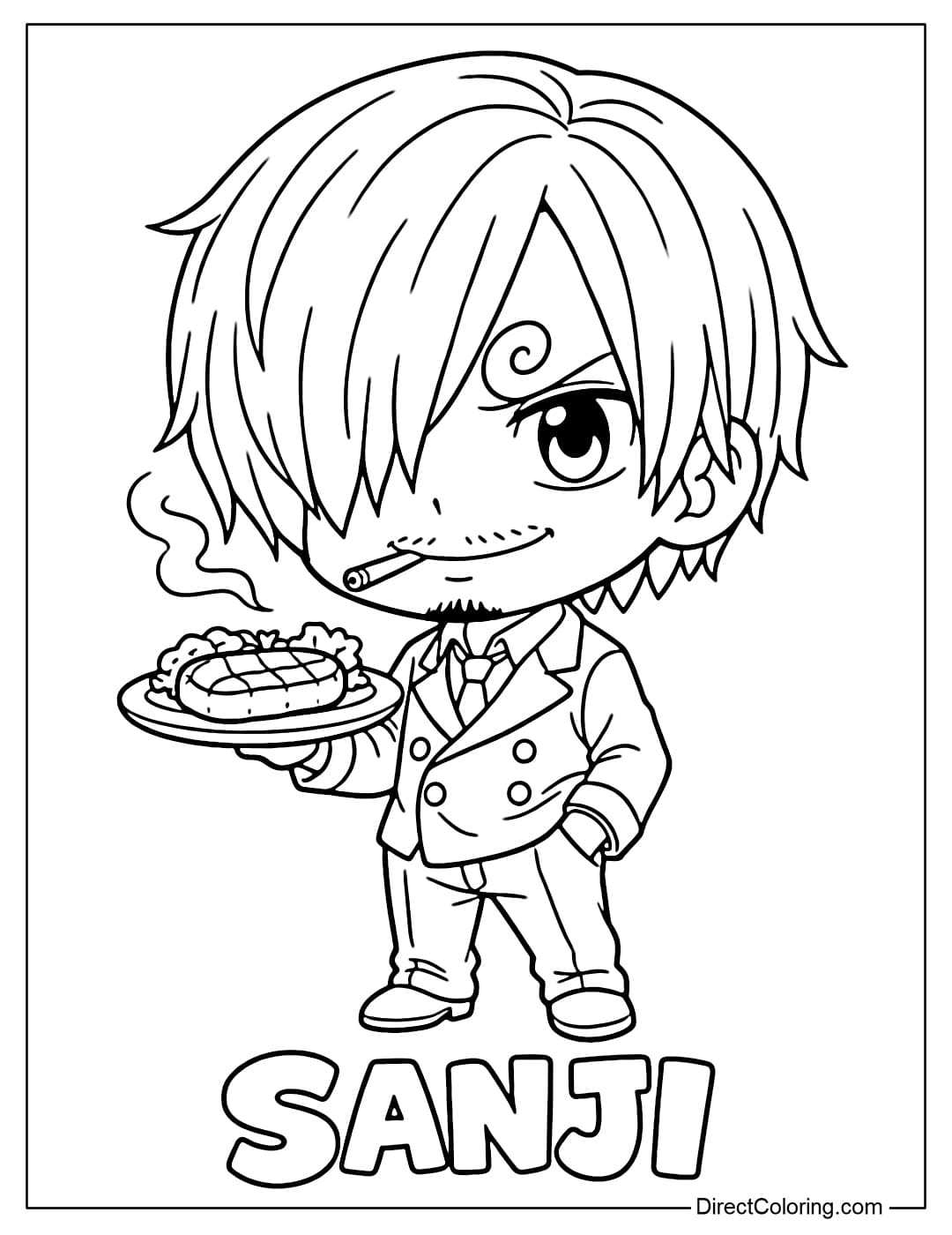 A cute chibi Vinsmoke Sanji, with a big head and small body, holding a plate of food.