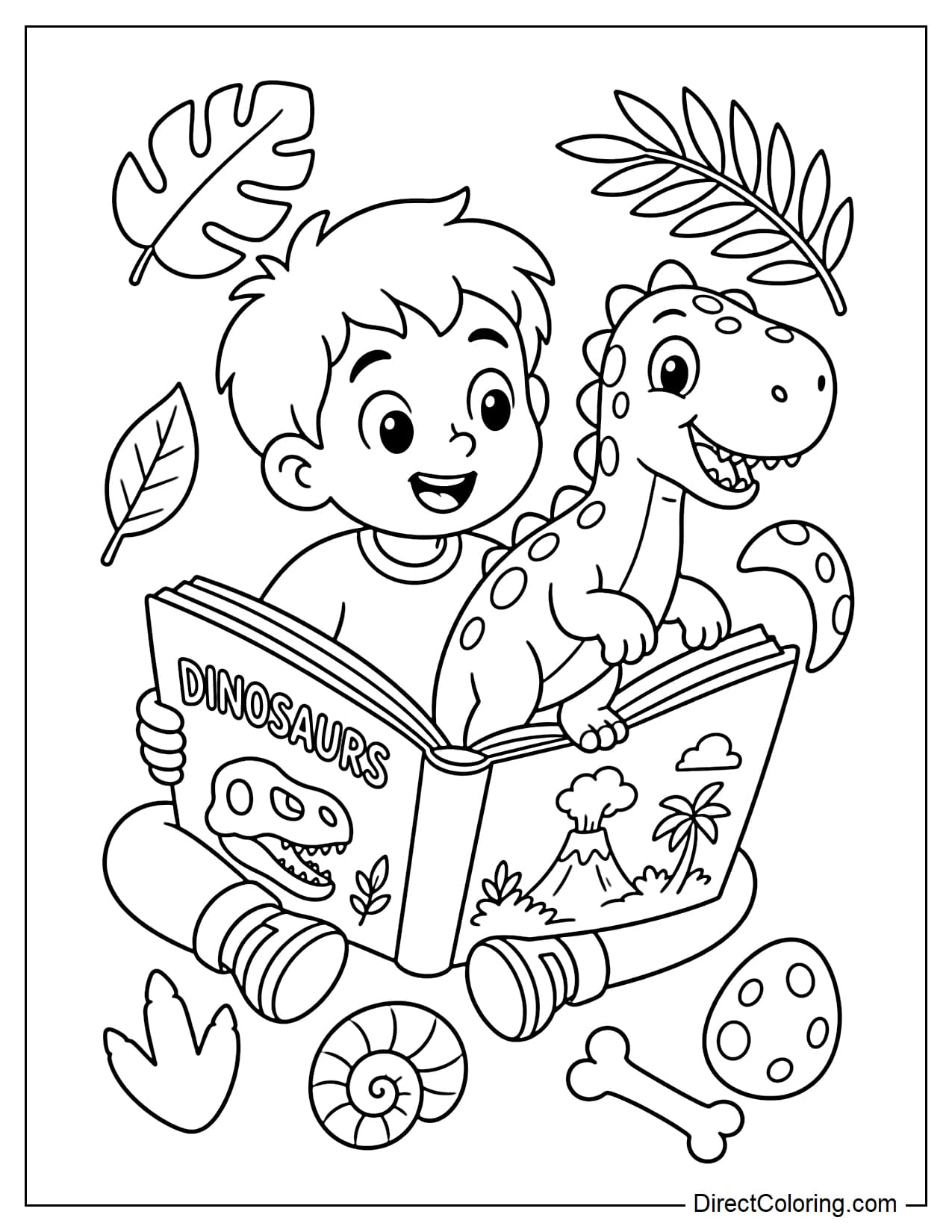 A child opens a book about dinosaurs, and a friendly dinosaur with a cheerful face emerges from the pages, surrounded by some leaves and simple fossils.
