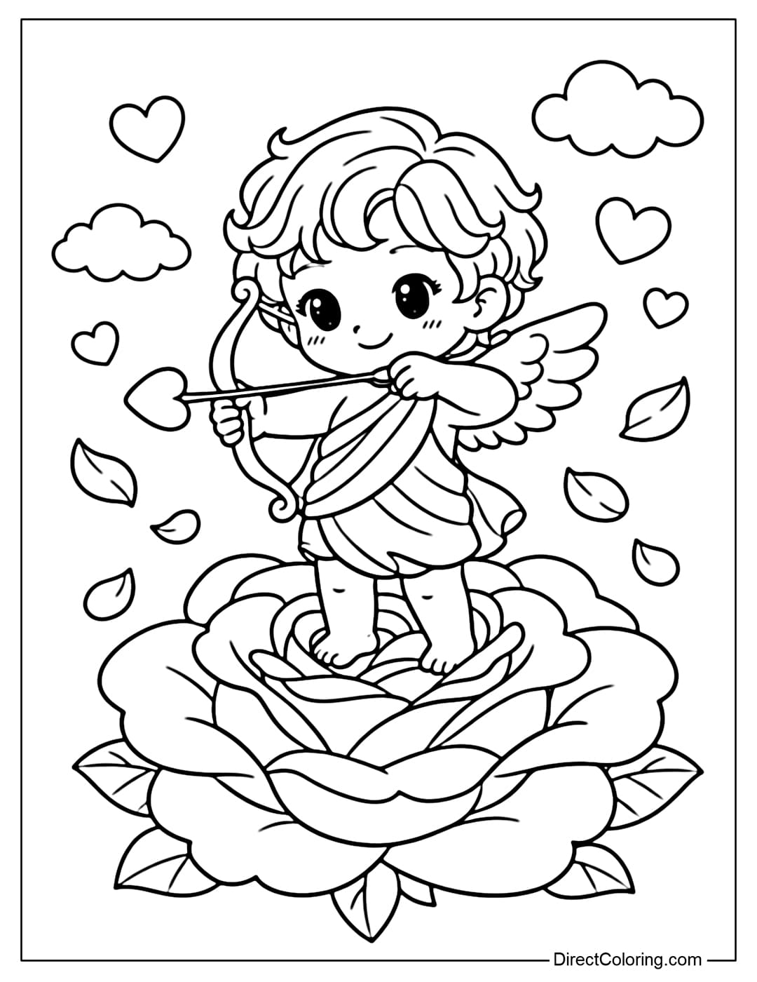A coloring page featuring a cute Cupid drawing a bow and shooting an arrow with heart-shaped tips, standing on a large rose.