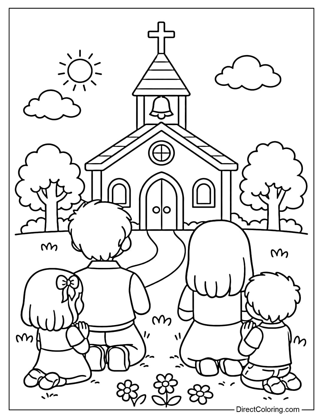 Family Praying In Front Of The Church