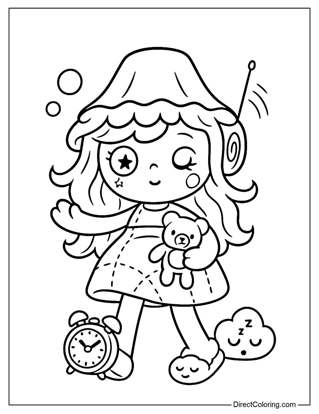 Luma doll coloring page is sleepwalking, head is wearing a mushroom-shaped nightlight with a fringe. Skirt shaped like a blanket pillow, arms holding a teddy bear sleeping upside down. One foot is wearing slippers shaped like an alarm clock, the other foot is a snoring cloud.